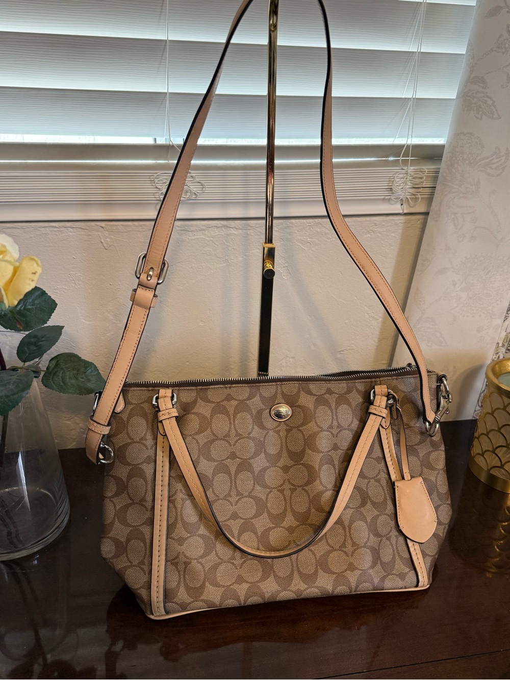Coach F28366 Signature Canvas Zip Top Tote Shoulder Bag Khaki Ivory